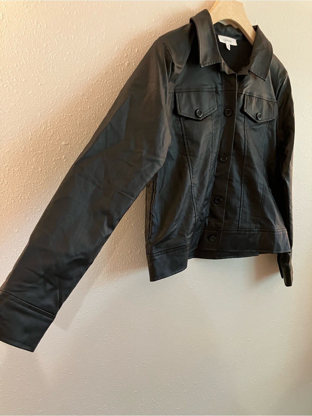 Anthropologie Cerule Black Faux Leather Jean Jacket Button Down Medium NWOT - Picture 4 of 11